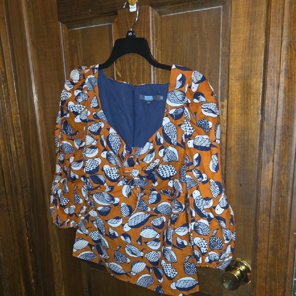Eva Franco Orange and Blue Leaf Pattern Blouse